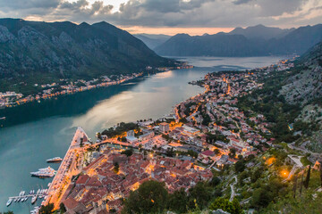 Sunset aerial view of Kotor and the Bay of Kotor, Montenegro.
