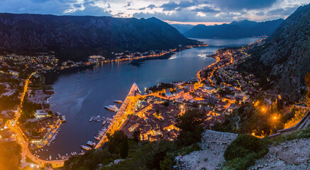 Sunset aerial view of Kotor and the Bay of Kotor, Montenegro.