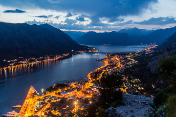 Sunset aerial view of Kotor and the Bay of Kotor, Montenegro.