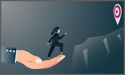 
vector illustration of flat vector illustration of women business running on mountain towards target, assisted by big hands business, with blue gradient