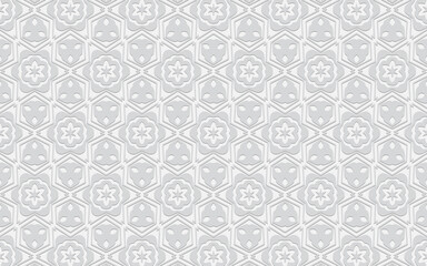 Ethnic volumetric convex white pattern. Embossed geometric background for presentations, wallpapers, websites.