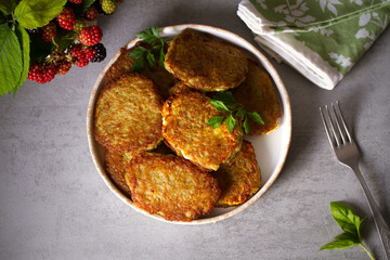 Potato Cakes. Vegetable fritters, latkes, hash browns. Vegetable pancakes. Overhead view