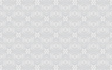 Ethnic volumetric convex white background. Embossed stylish geometric pattern with stars for presentations, wallpapers, websites.