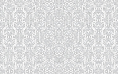 Fototapeta premium Ethnic trendy volumetric convex white background. Doodling embossed geometric pattern for presentations, wallpapers, websites.