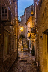 Evening view of an old town in Budva, Montenegro.