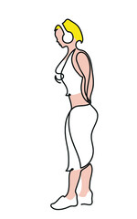 One line drawing of sporty girl with big headphones.
One continuous line drawing of woman getting ready to sport.
