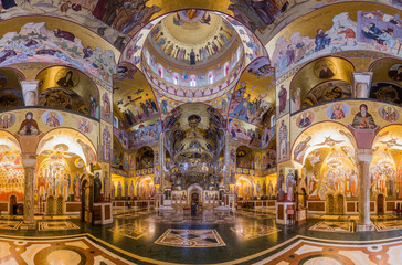 Fototapeta na wymiar PODGORICA, MONTENEGRO - JUNE 4, 2019: Interior of the Cathedral of the Resurrection of Christ in Podgorica, capital of Montenegro