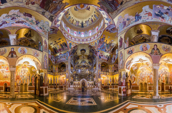 PODGORICA, MONTENEGRO - JUNE 4, 2019: Interior of the Cathedral of the Resurrection of Christ in Podgorica, capital of Montenegro