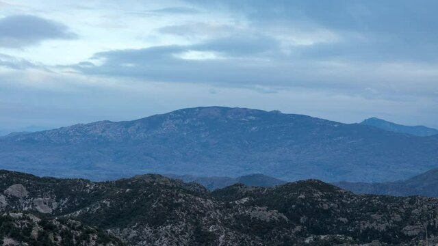 A time-lapse of Mica Mountain and Rincon Peak at sunset as seen from the Geology Vista Point on the General Hitchcock Highway on the slopes of Mt. Lemmon east of Tucson, Arizona.