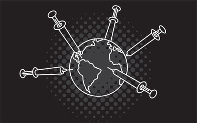 World vaccination vector banner. COVID-19 Coronavirus vaccine syringes needles are injected around planet Earth.