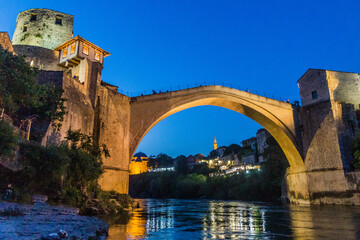 Evening view of Stari most (Old Bridge) in Mostar. Bosnia and Herzegovina