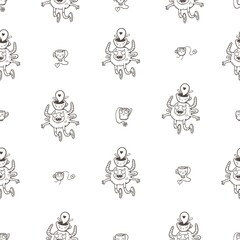 Seamless pattern with cute monsters and cups on  white background. Morning coffee print. Dishes and funny animals poster. Line art childish illustration. Doodle cartoon wallpaper.
