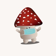 Cute mushroom mascot logo cartoon character vector. wearing mask, hand drawn creative cartoon. stay safe at the pandemic corona virus concept. fit for child illustration.