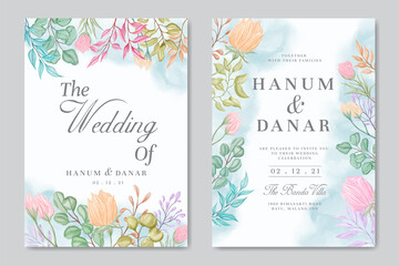 Wedding invitation card template with colorful watercolor floral background