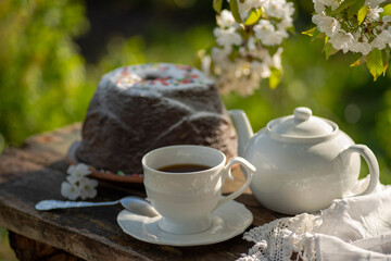 Tea set, pudding, cherry blossom branches, wooden table. Outdoor breakfast, picnic, brunch, spring mood