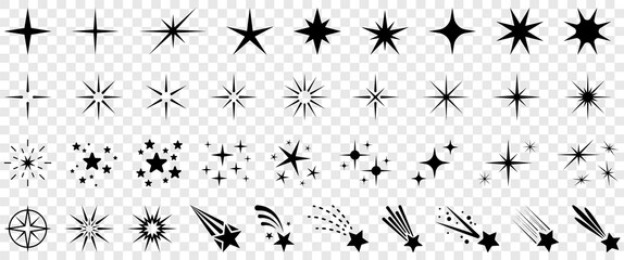 Black stars icons symbols vector set collection on transparent background