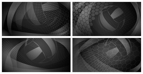 Set of four volleyball backgrounds with big ball in black and gray colors