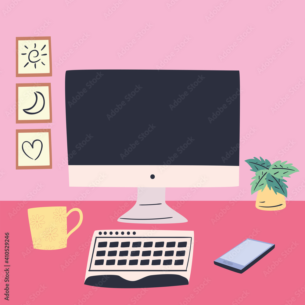 Aufkleber workplace desk with computer vector design