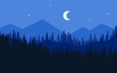 Mountain night landscape with moon and stars