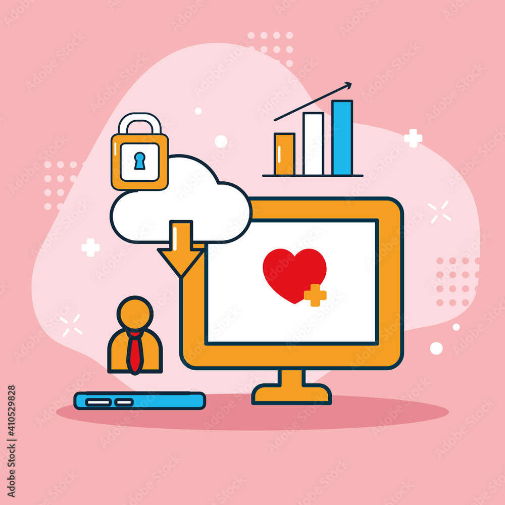 Poster social media computer with icon set vector design