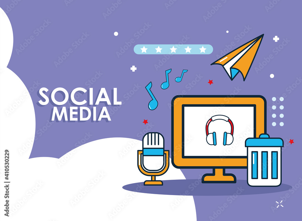 Poster social media computer with icon collection vector design