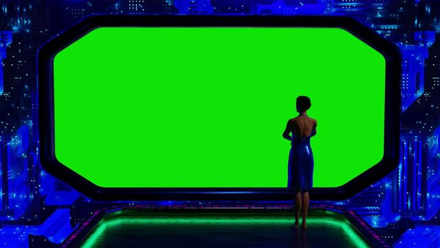 Space station, a view through the big window, a woman is looking  into space - SciFi - with green screen customisable effect - 3D Illustration