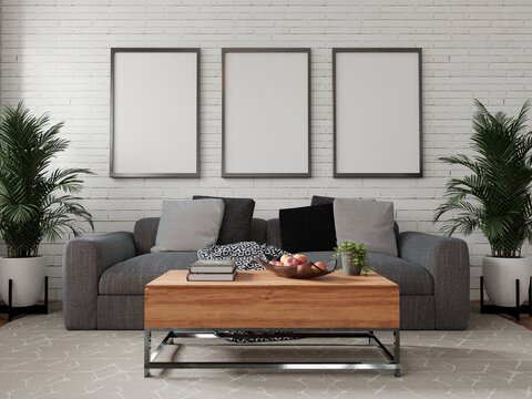Three empty photo frame for mockup in living room, 3D render, 3D illustration.