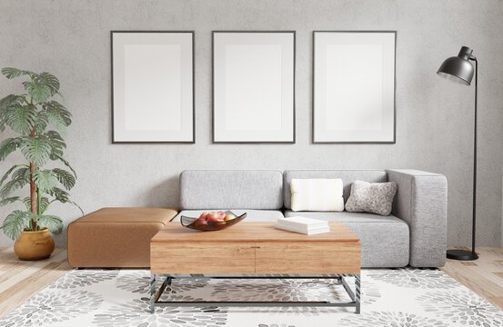 Three empty photo frame for mockup in living room, 3D render, 3D illustration.