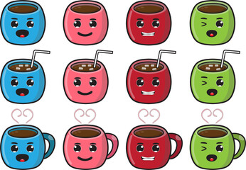 Coffee emoji cup with eyes. Kawaii cup. Element for menu. Emoji icon.  Vector Illustration. Flat Style. Decorative Design for Cafeteria, Posters, Banners, Cards