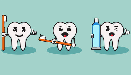 Set of cute little teeth on blue background. Cute teeth with different emotions. Cartoon detailed Illustrations. Dental kids care. Clear tooth concept.
