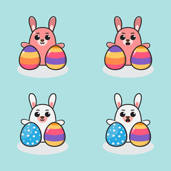 Cartoon illustration of a cute little Rabbit. Cartoon little bunny With two Easter egg. Vector illustration for holiday greeting.