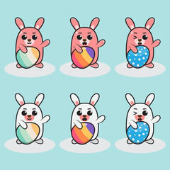 Cartoon illustration of a cute little Rabbit. Cartoon little bunny holding Easter egg with one hand and hand up pose.. Vector illustration for holiday greeting.