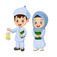 Cartoon muslim kid holding Quran book with ramadan lantern