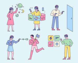 People who enjoy VR technology. People are wearing VR glasses, playing games, analyzing graphs, and selecting items.