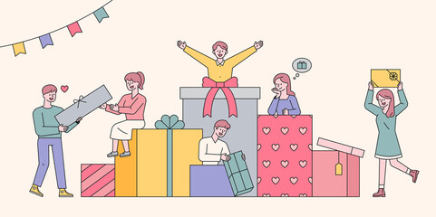 There are large gift boxes piled up. People are gathering around with gift boxes. flat design style minimal vector illustration.