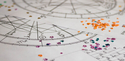 Printed natal charts with colorful sequins