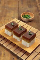 Talam ketan or serimuka kueh or pulut sekaya, made from glutinous rice and palm sugar. Typically Malay food and Indonesian traditional dessert. Also known as the gula malaka custard cake.