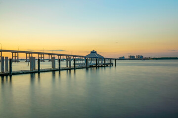 Sunset at Look Out Pier in downtown Fort Myers Florida.