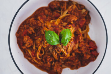 plant-based food, Italian fettuccini with vegan bolognaise sauce made of plant-based meat