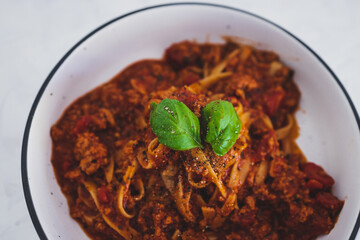 plant-based food, Italian fettuccini with vegan bolognaise sauce made of plant-based meat