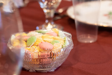 Christmas table appetizer candy dish (mints); glass place setting