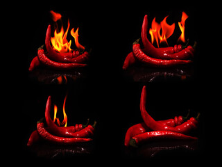 hot chili peppers with fire on dark background