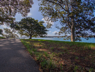 Panoramic views of Sydney Harbour beautiful blue partly cloudy skies 