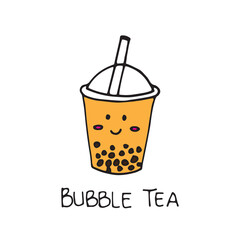 a cup of chocolate bubble tea with straw and smiley face. sweet chocolate flavor with tapioca pearl. hand drawn vector. doodle for kids, logo, cover, banner, poster, sticker, clipart, advert.