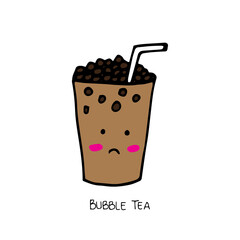 dark chocolate flavor with tapioca pearl. a cup of chocolate bubble tea with straw and face on white background. hand drawn vector. doodle for kids, logo, banner, poster sticker, clipart, advert.