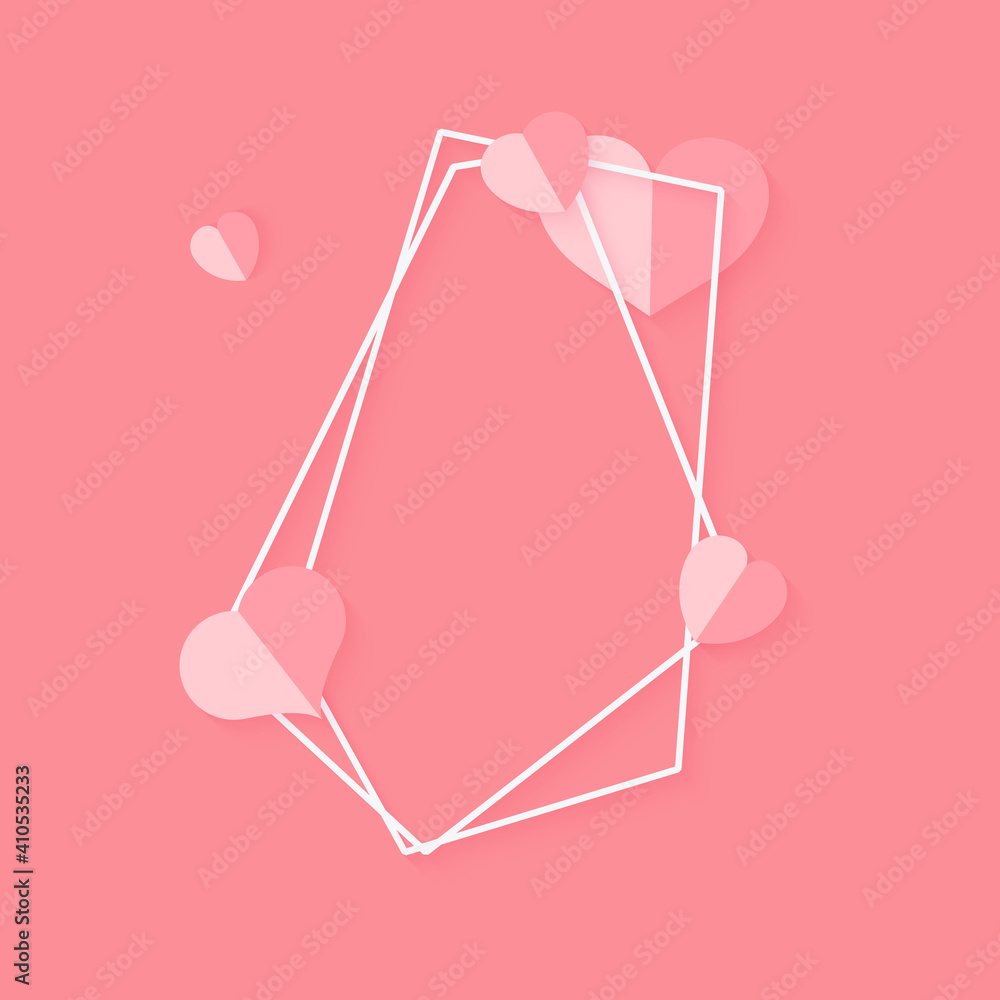Poster abstract polygonal geometric white frame with pink hearts. template empty text banner for valentines