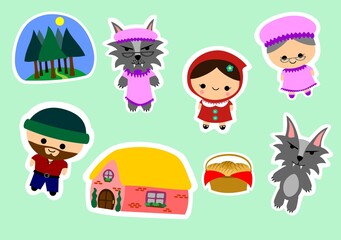 Sticker template - little red riding hood characters, grandmother's house, forest and basket.