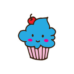 cupcake vector illustration on white background. cupcake icon with eyes and smiley face. happy face. cupcake with cherry topping. hand drawn vector. doodle for kids, logo, label, poster, branding.