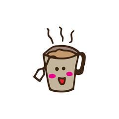 a cup of hot tea vector illustration on white background. cute emoticon, kawaii icon with eyes and smiley face. hand drawn vector. doodle art for kids, clipart, sticker, logo, label. 