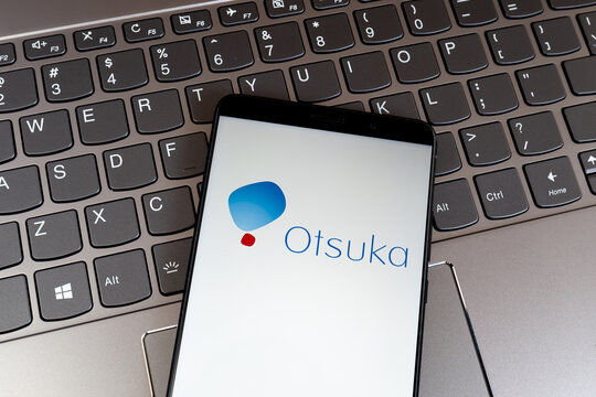 Toronto, Canada - January 31, 2021: Otsuka logo on smartphone screen on keyboard. Otsuka Pharmaceutical is a Japanese pharmaceutical company.  